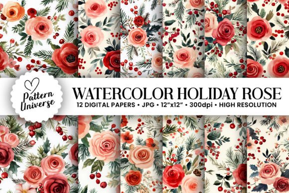 Watercolor Hollyberry and Roses Patterns
